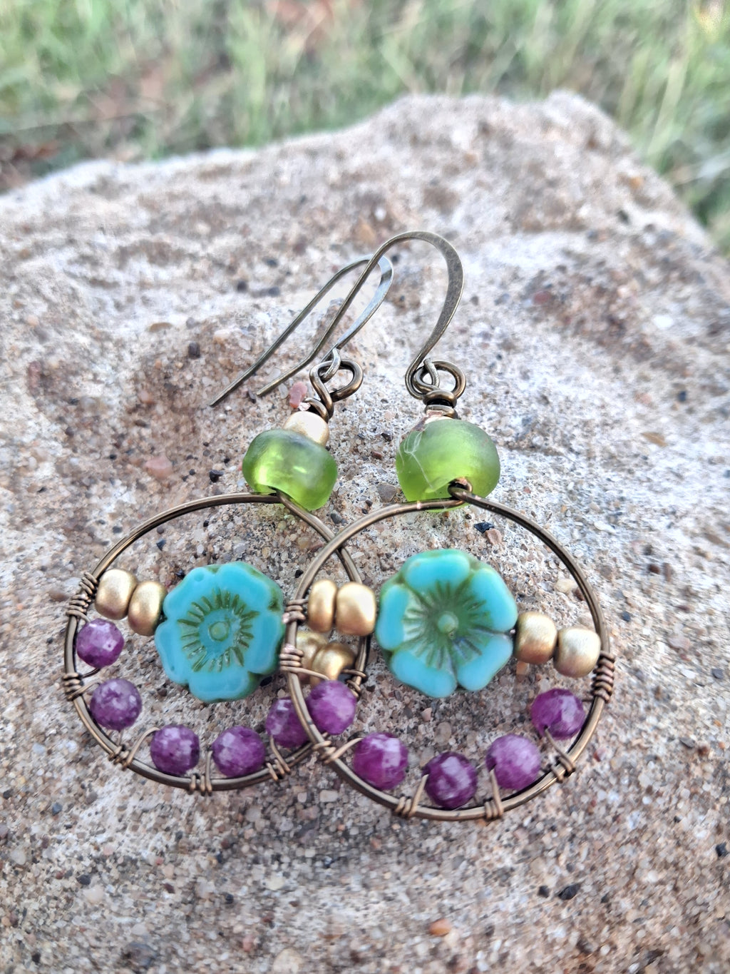 Copper wire and ruby microfaceted bead hoop earrings handmade by Melly