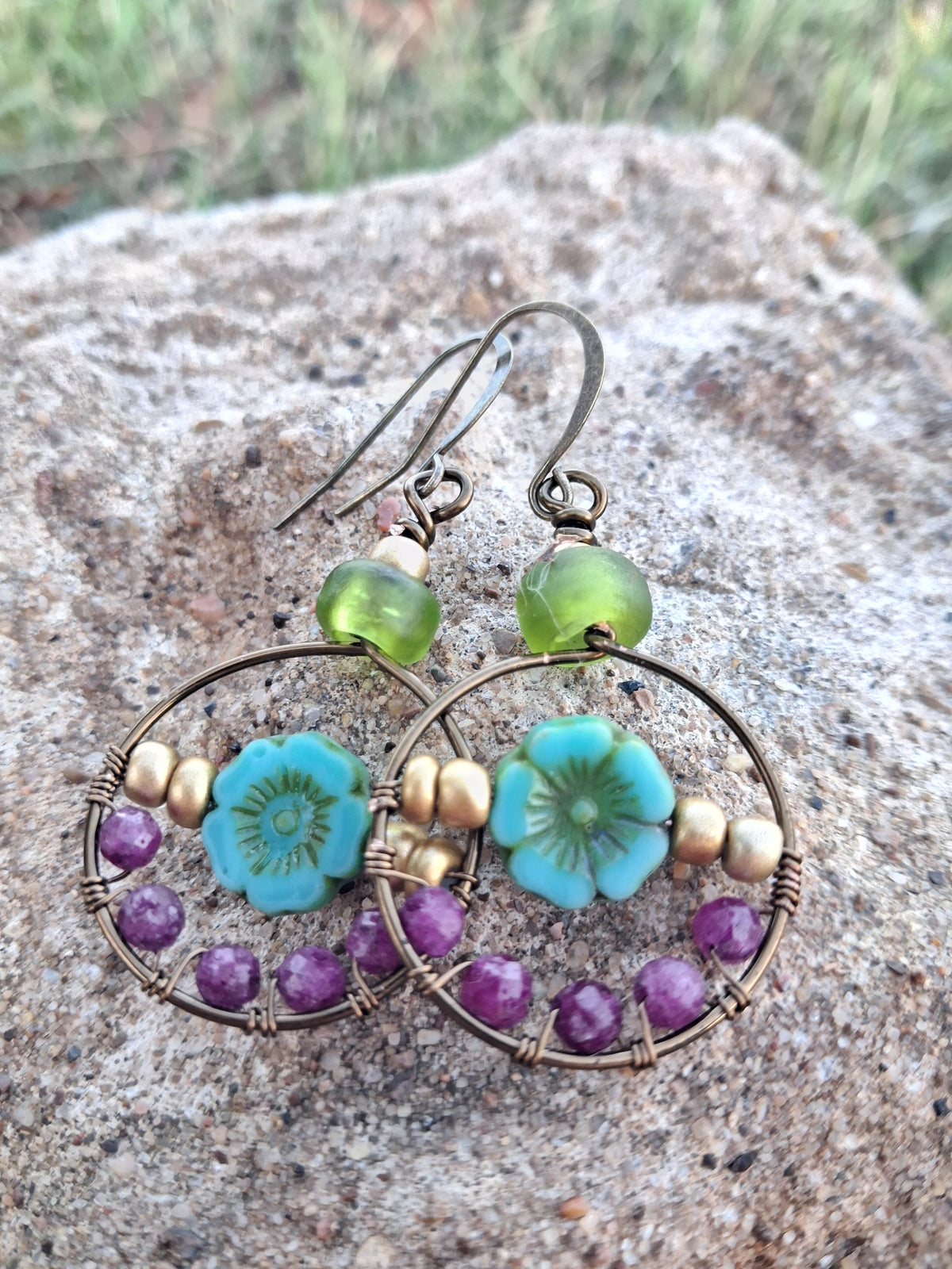 Copper wire and ruby microfaceted bead hoop earrings handmade by Melly