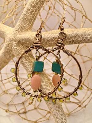 Pink Jade Beaded Wire Wrapped Sylvester Hoop Boho Earrings