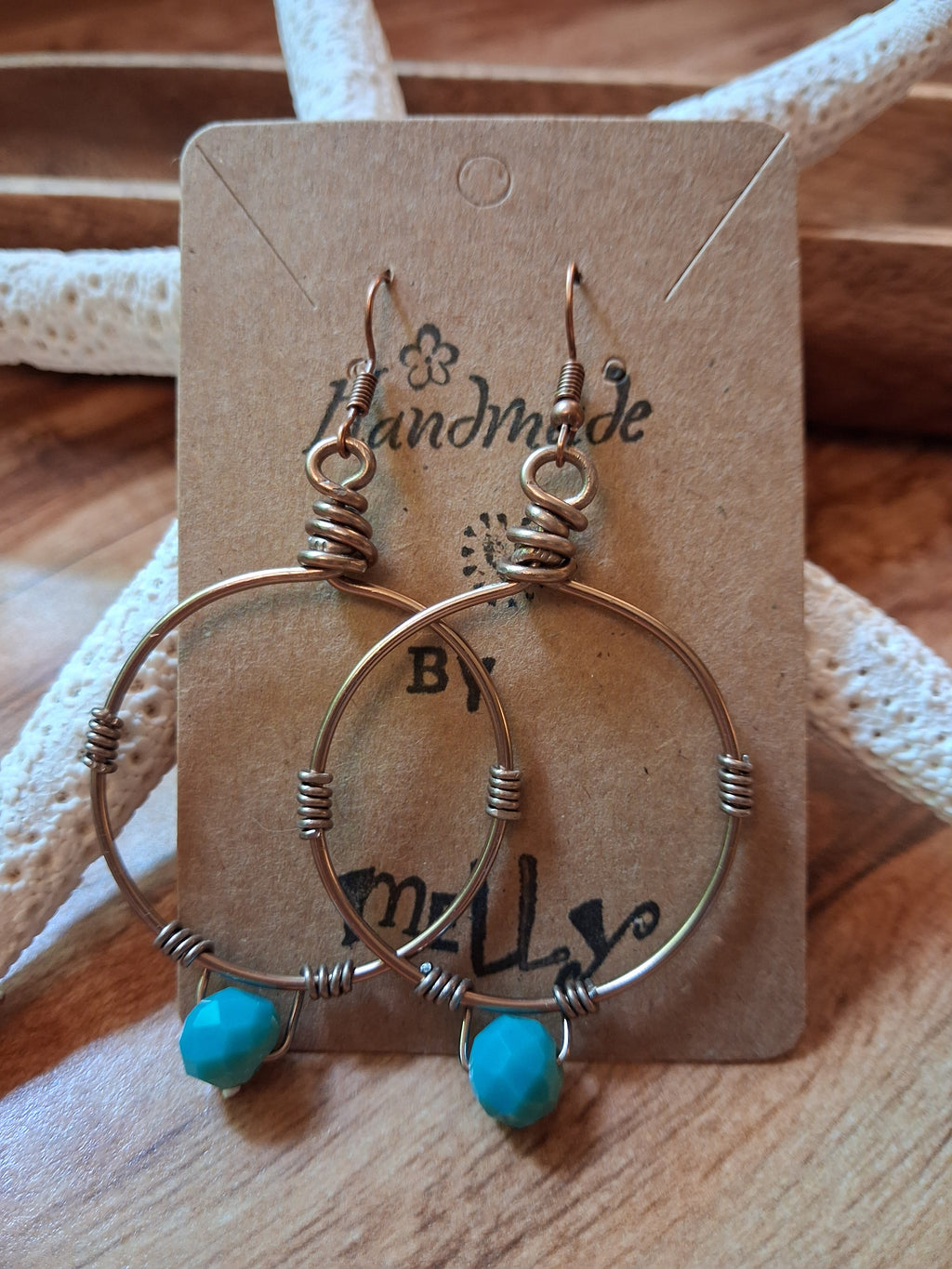 Turquoise beads and copper wire wrapped Maria hoop earrings, handmade by Melly.