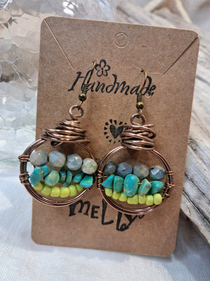 Turquoise Wagnerite Wire Wrapped Mint Hoop Boho Earrings