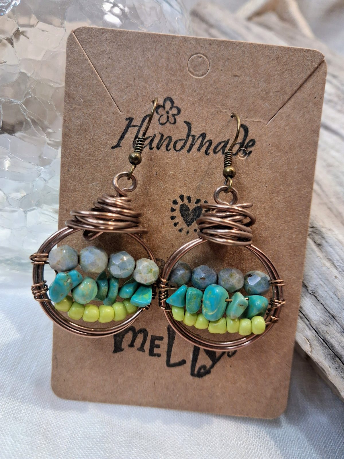 Turquoise and light grey wire wrapped mint hoop earrings with gemstone chips, handmade by Melly
