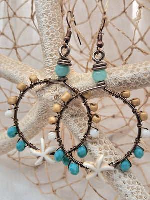 Turquoise & Maple Wire Wrapped Starfish Hoop Boho Earrings