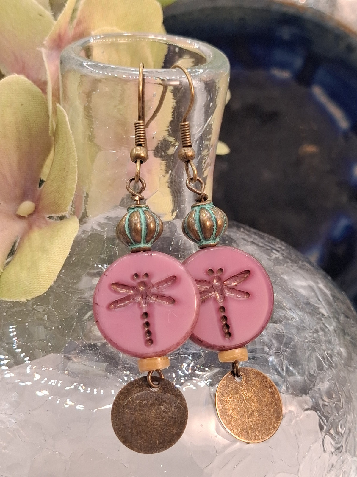 Turquoise and mauve dragonfly dangle earrings with bronze metal accents, handmade by Melly