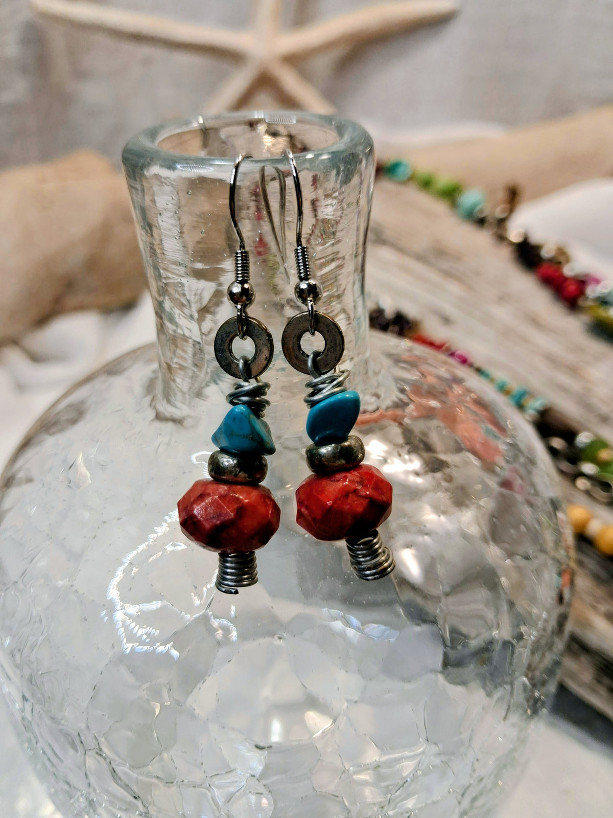 Turquoise and red beaded boho silver dangle earrings with faceted gemstone beads, handmade by Melly
