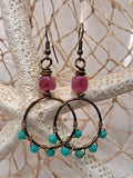 Turquoise and wine wire wrapped cherry hoop earrings with bronze metal, handmade by Melly