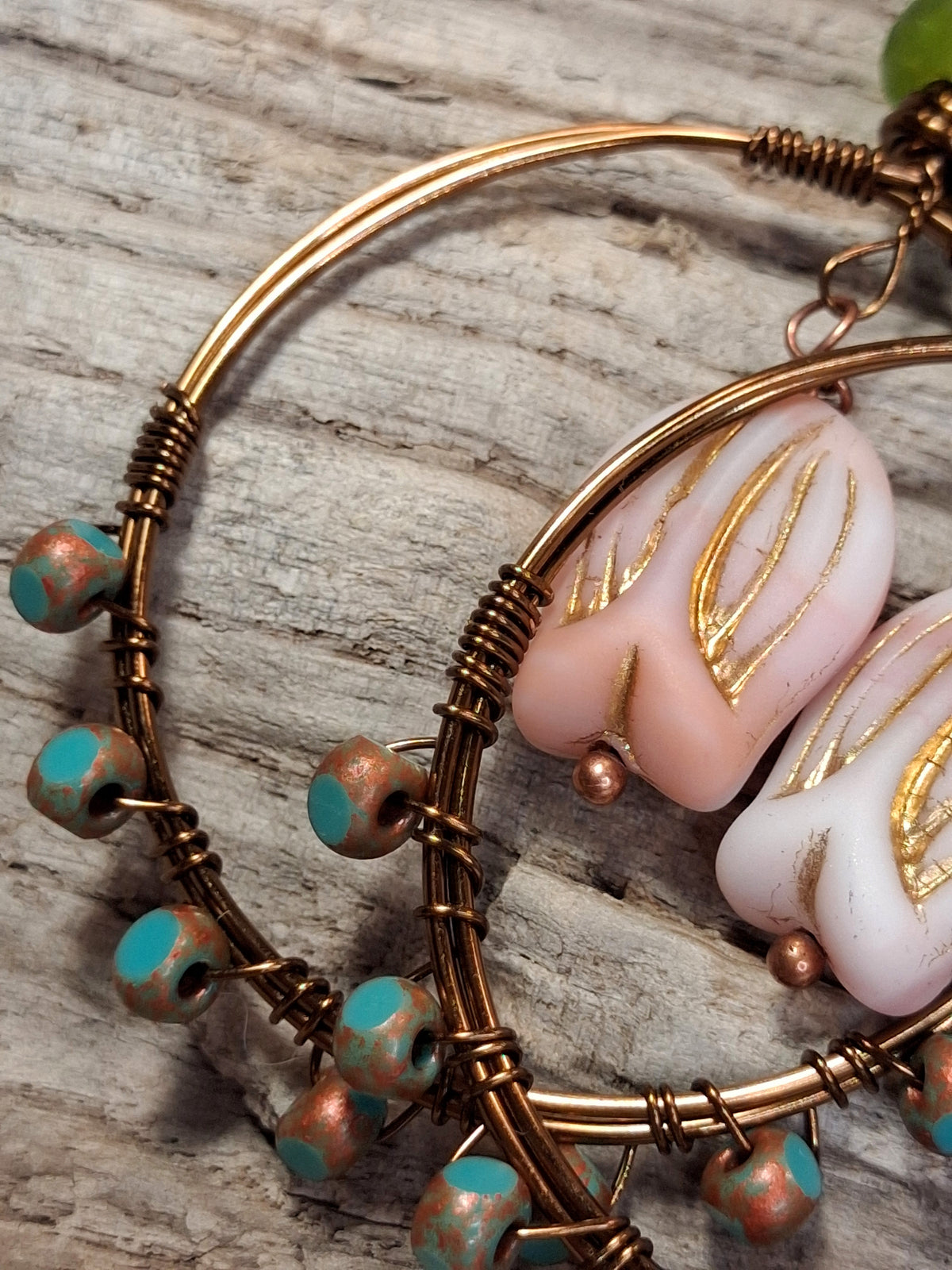 Turquoise Copper Wired Tulip Short Neck Boho Hoop Earrings