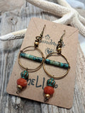 Turquoise and orange jasper copper wire dangle earrings handmade by Melly