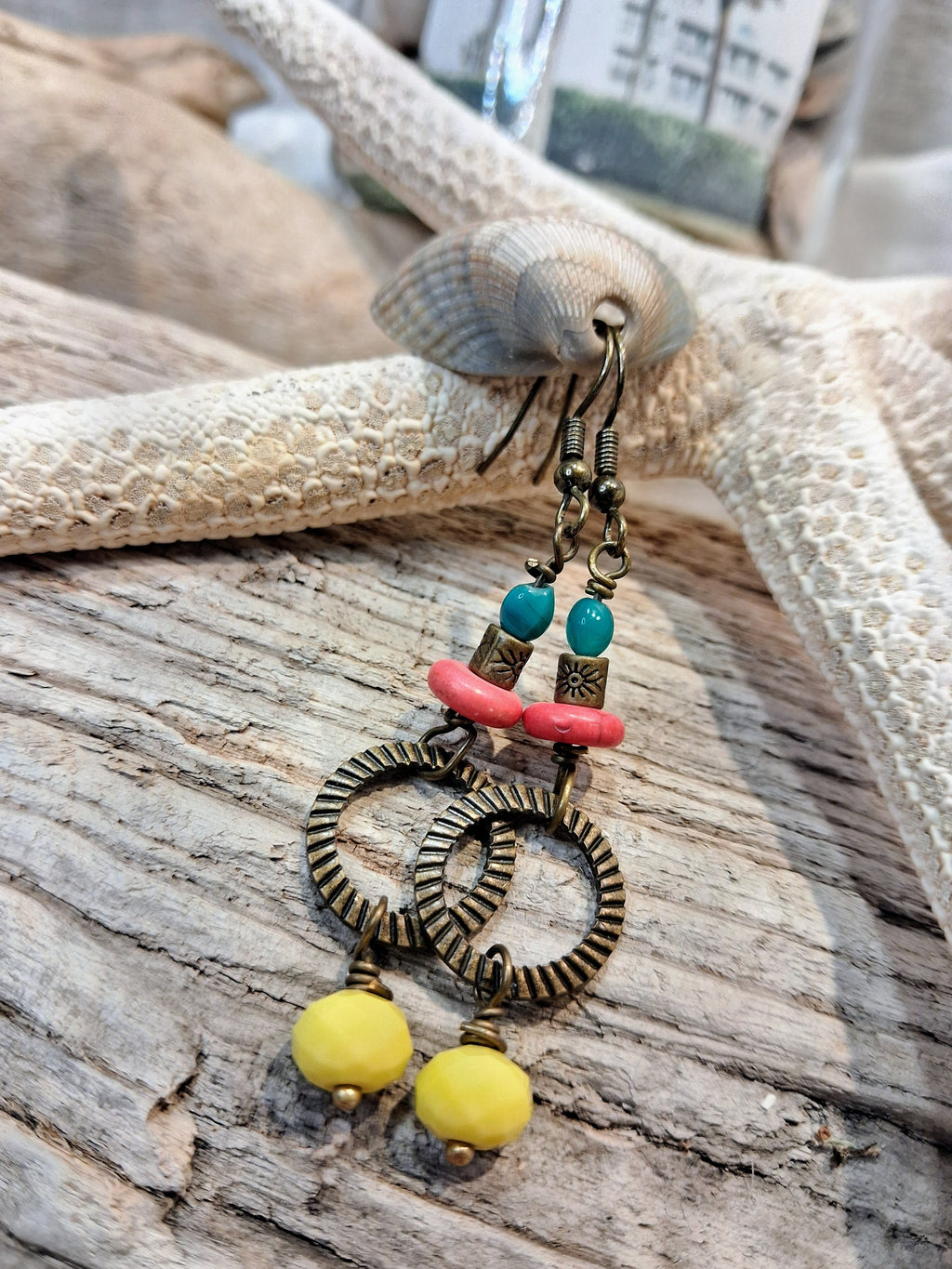 Turquoise, raspberry, and yellow fruit bowl dangle earrings with bronze hardware, handmade by Melly