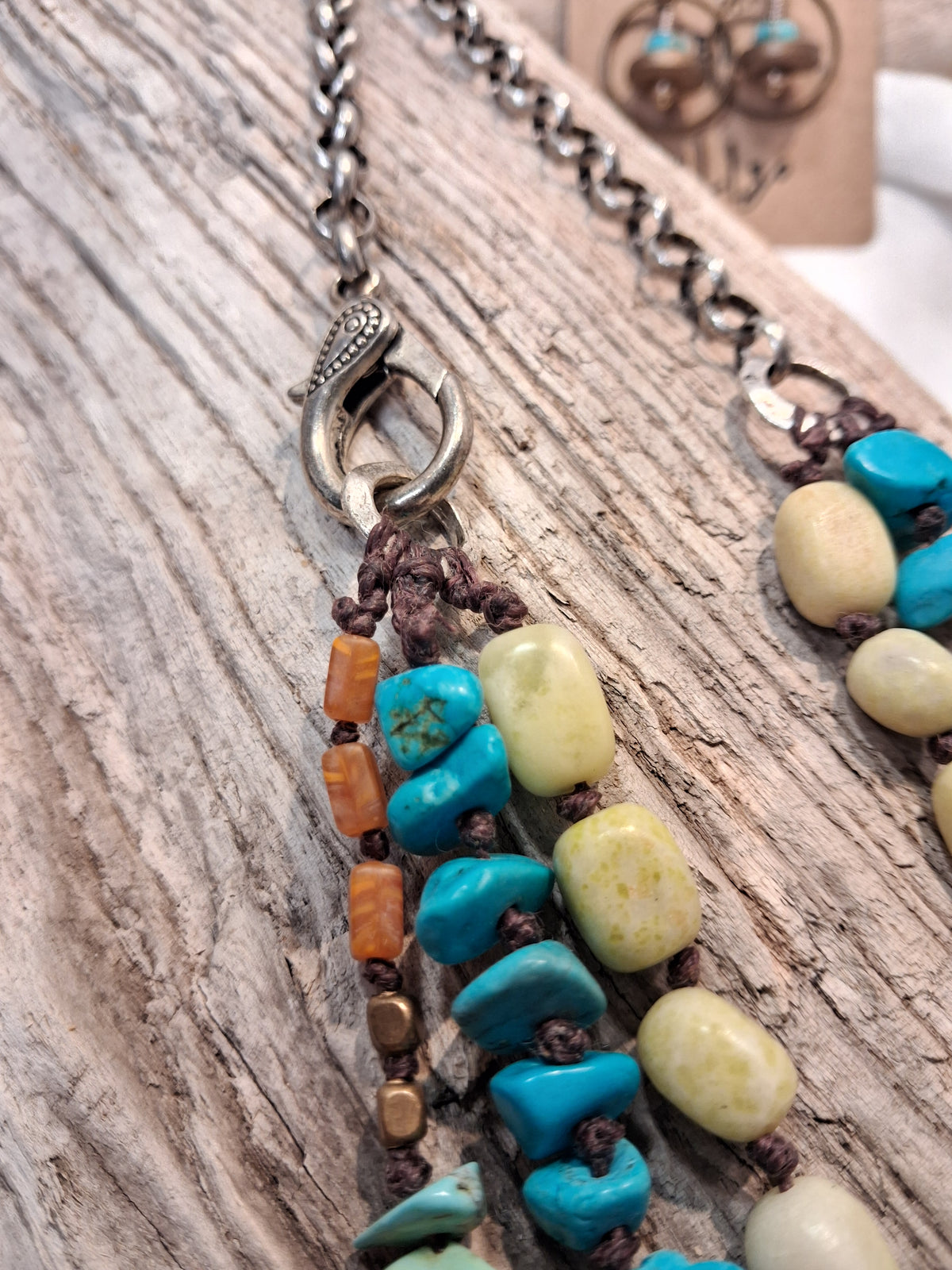Blue turquoise and yellow stone beaded necklace with mixed gemstone accents, handmade by Melly