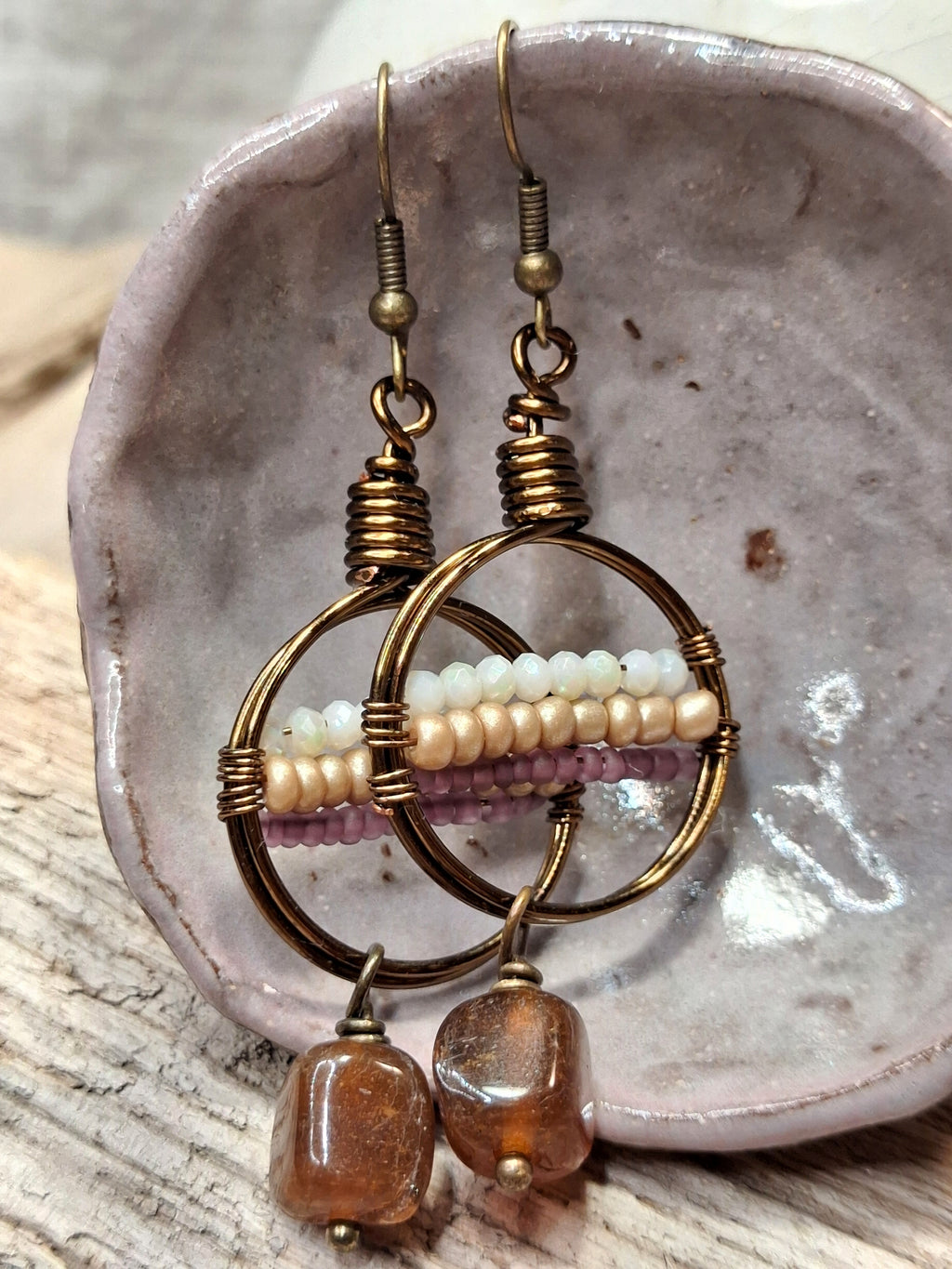 White microfaceted glass beads and amber-colored quartz dangle earrings handmade by Melly