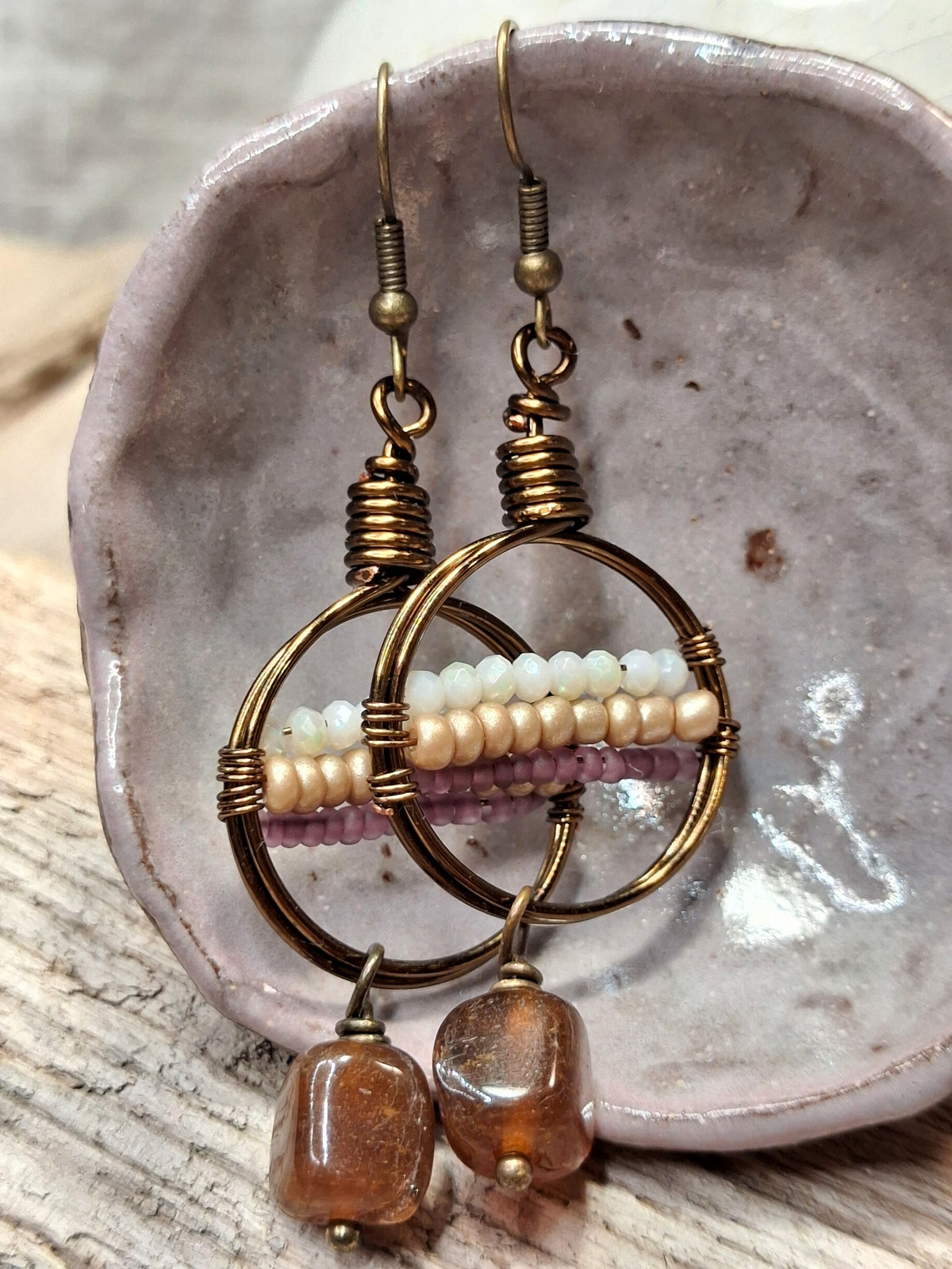 White microfaceted glass beads and amber-colored quartz dangle earrings handmade by Melly